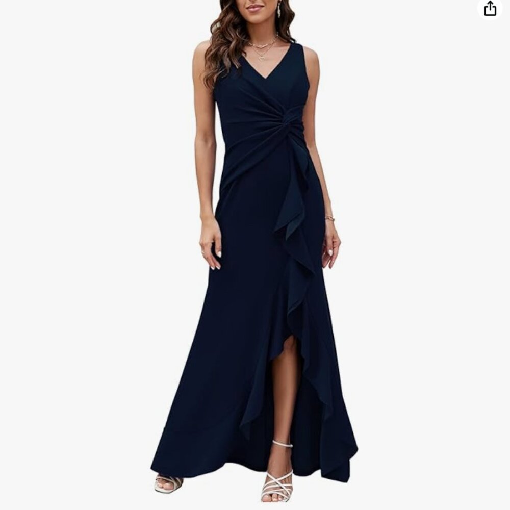 Elegant Navy V-Neck Maxi Dress with Front Ruffle